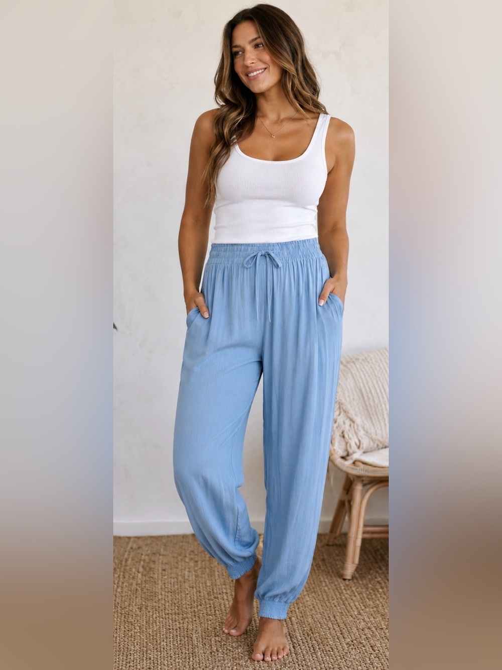 eesome Light Blue Jogger Pants Size Small Smocked Waist